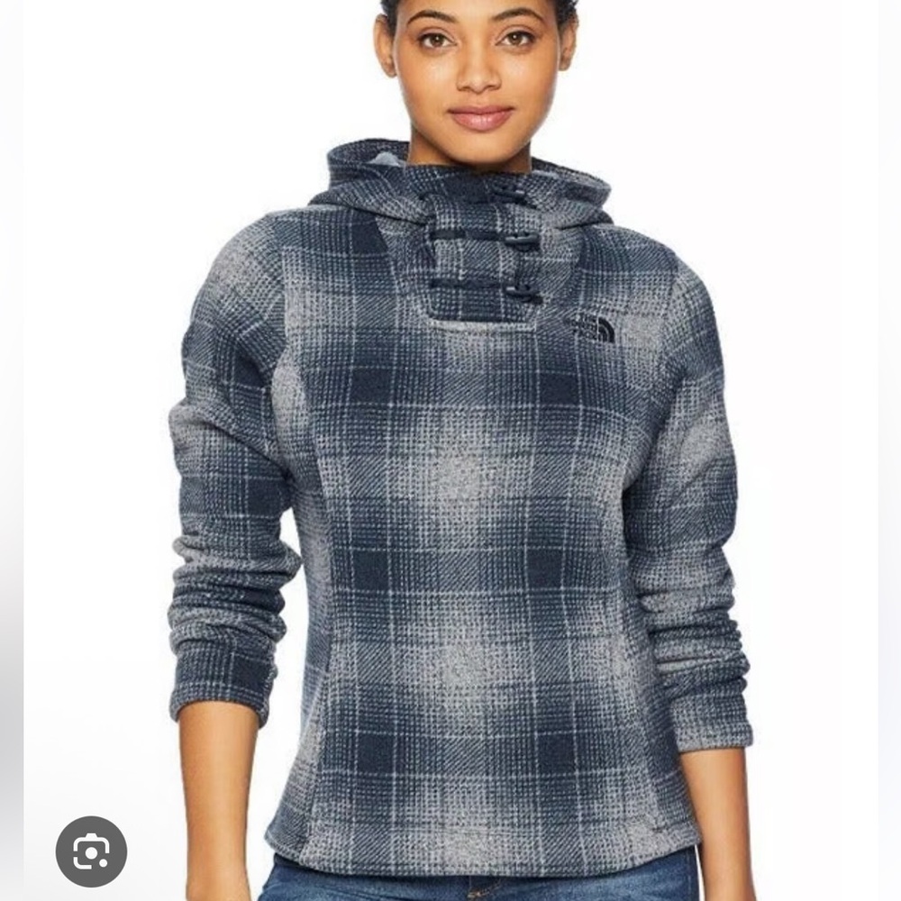 The North Face Women's Plaid Fleece Pullover Cowl Blue and gray Hoodie Size S